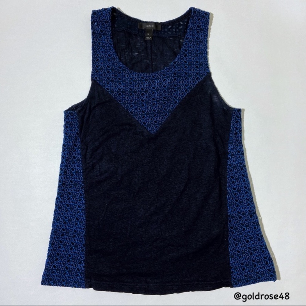 J. Crew navy blue eyelet design linen sleeveless top